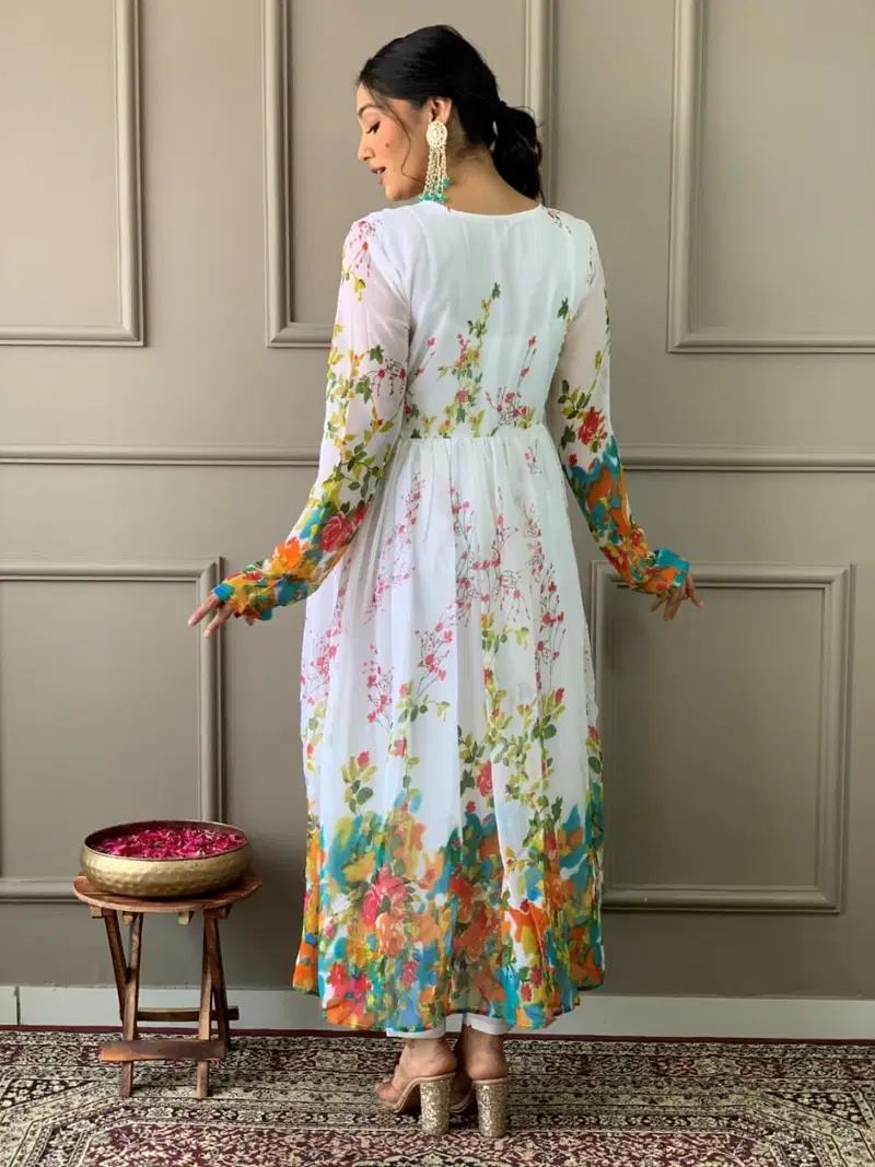 Kalaai Alia Cut Georgette Printed Long Kurti With Bottom Dupatta Wholesalers In Delhi
